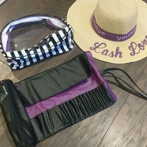 Younique hat, brushroll, makeup bag
